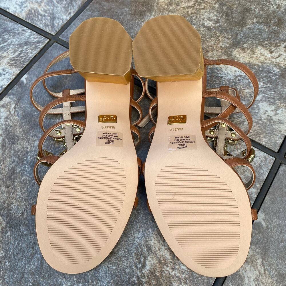 Louise et Cie Leather Jeweled T-Strap Gladiator Block Heel Sandals Cognac Brown - Picture 12 of 13